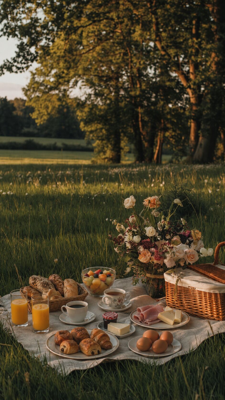 Un montaje para picnic con comida, bebidas y flores sobre una manta en un campo cubierto de hierba.