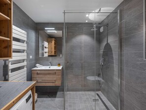 Shower, hair dryer, towels, toilet paper