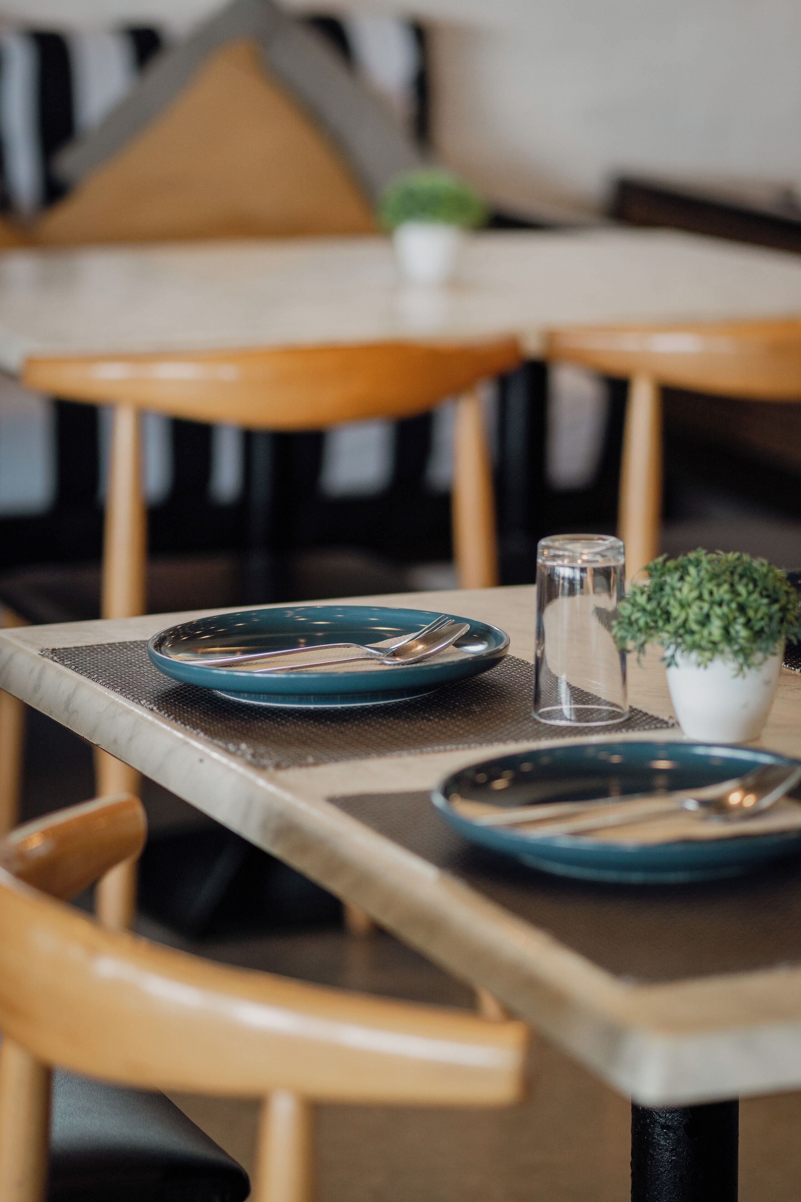 Une table à manger dressée avec des assiettes, des couverts, un verre et une petite plante en pot.