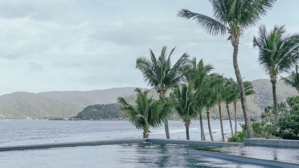 Una piscina con palmeras y vistas al mar y las montañas.