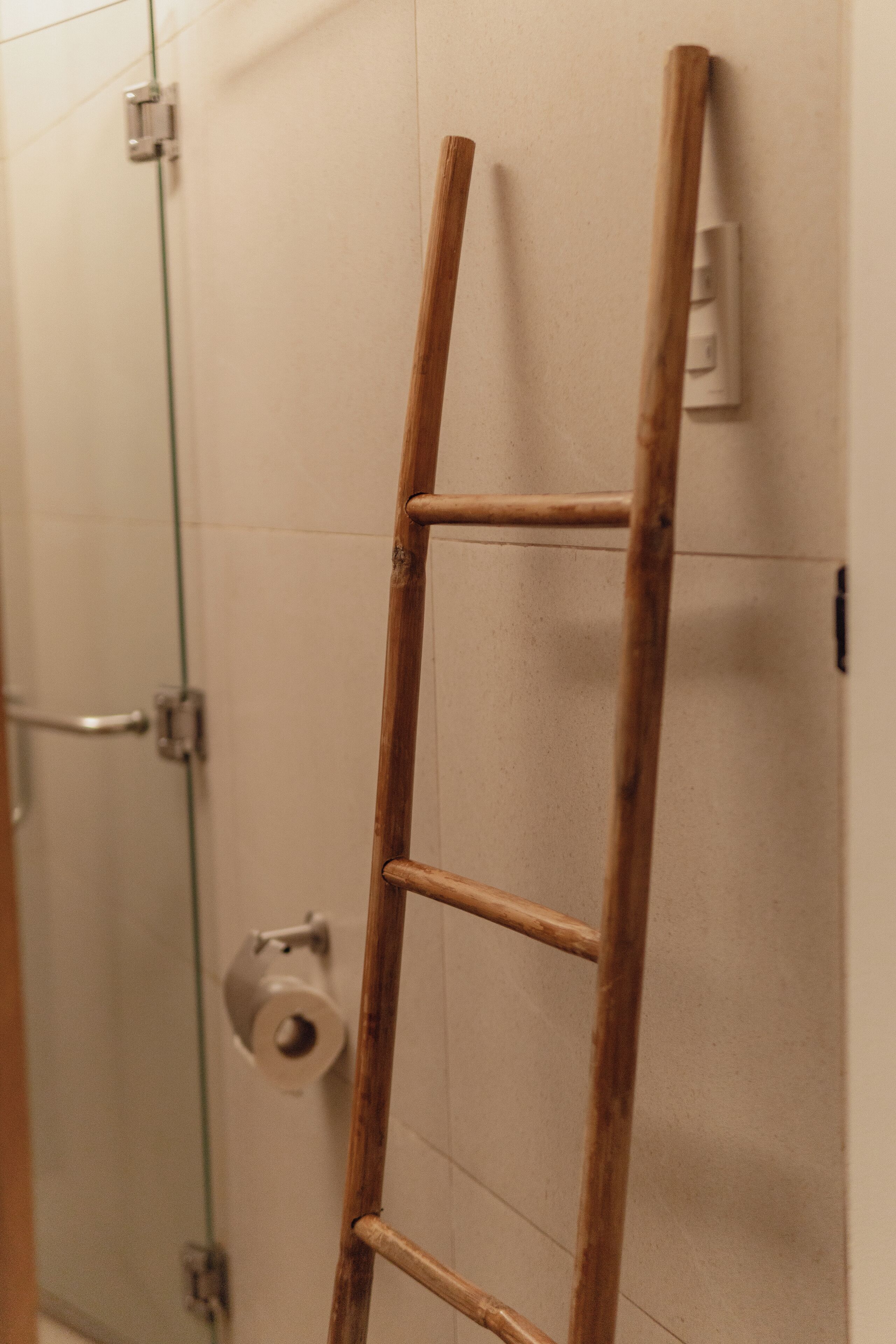 Una escalera de madera apoyada contra una pared de baño, con un dispensador de papel higiénico y una puerta de ducha al fondo.