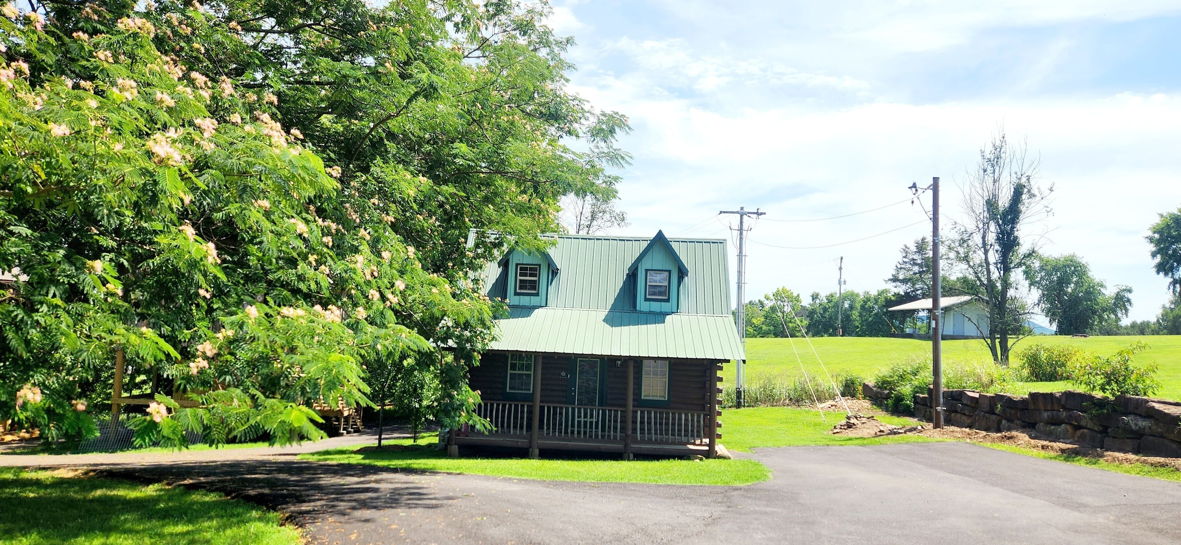 A small, two-story log cabin with a green roof, surrounded by lush greenery and a paved driveway.