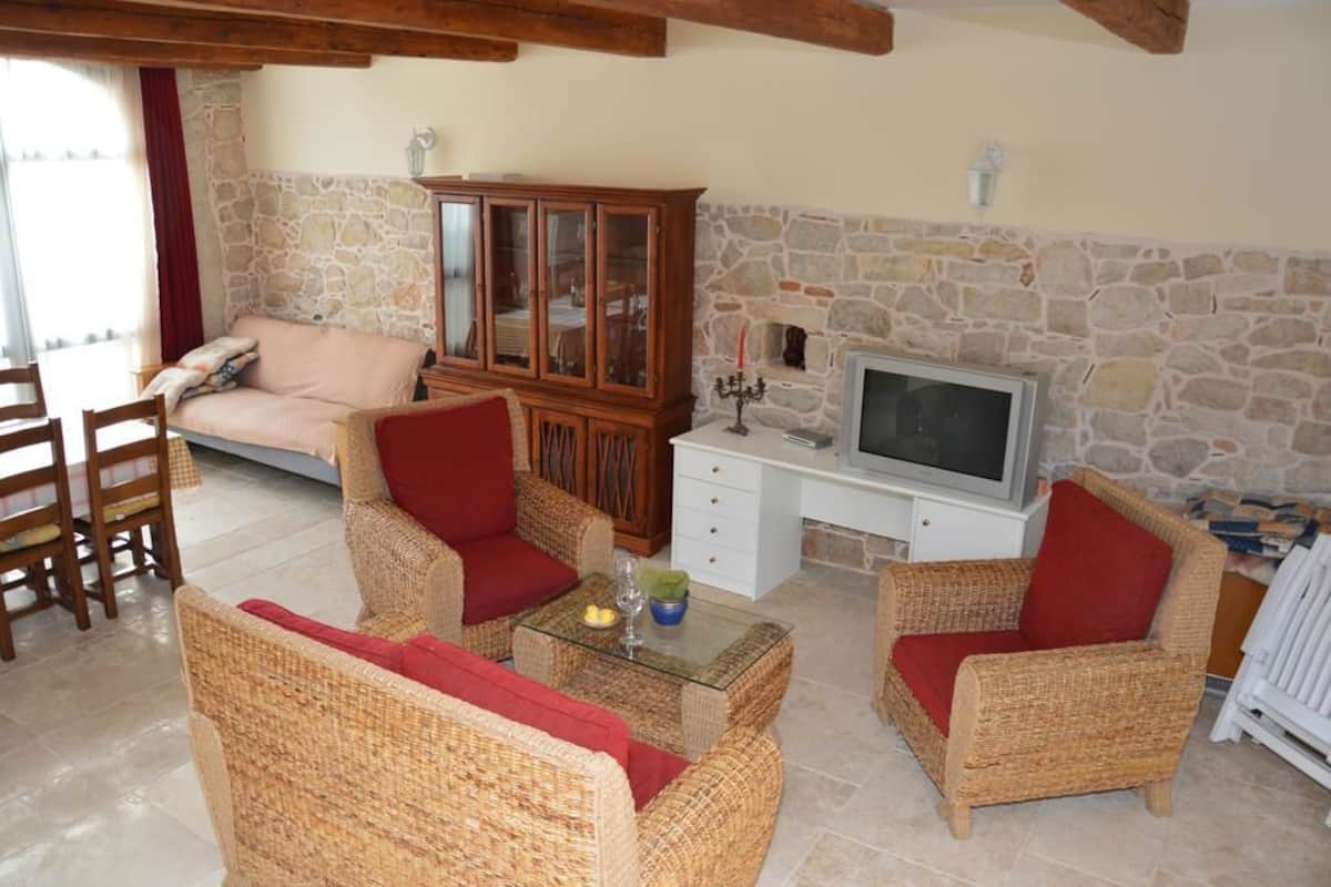 Una sala de estar acogedora con mobiliario de mimbre, una pared de piedra, un televisor y un aparador.