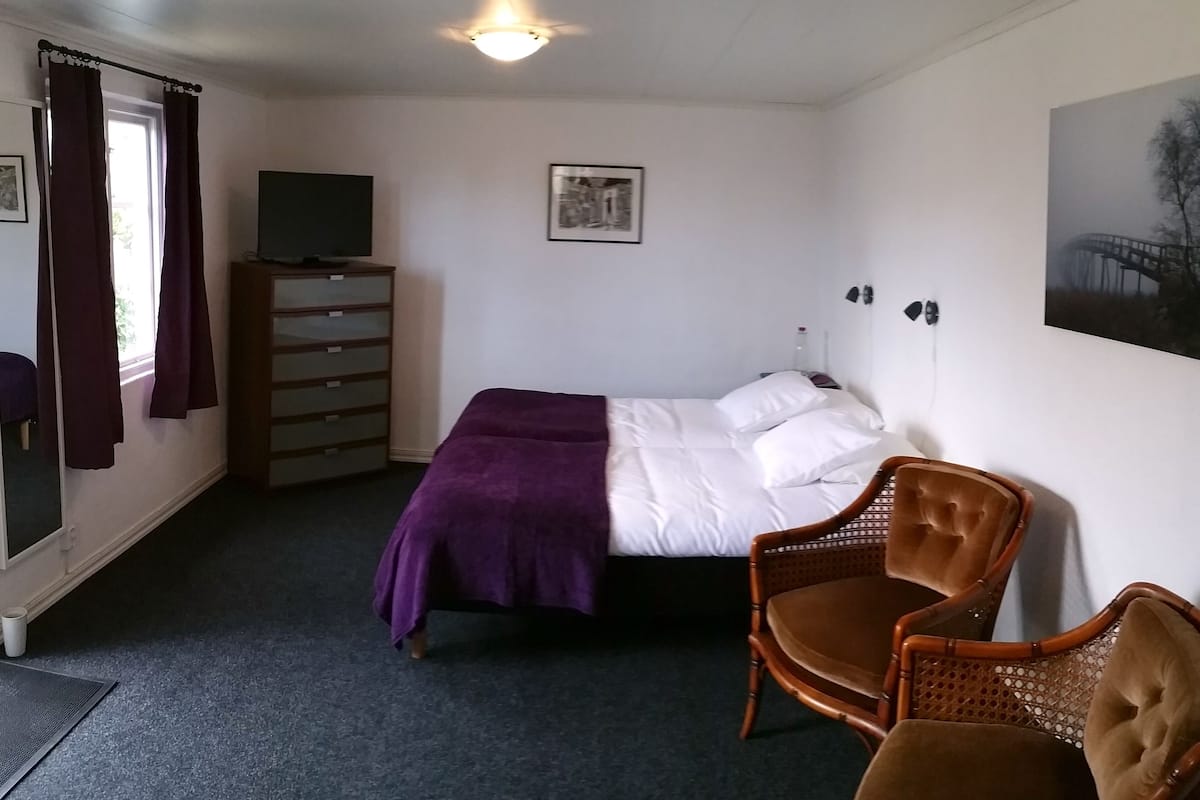 Ein Schlafzimmer mit einem Bett, zwei Stühlen, einer Kommode, einem Fernseher und einem Bild an der Wand.