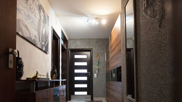 Un couloir avec un paillasson, une porte à motifs rayés et un miroir fixé au mur.