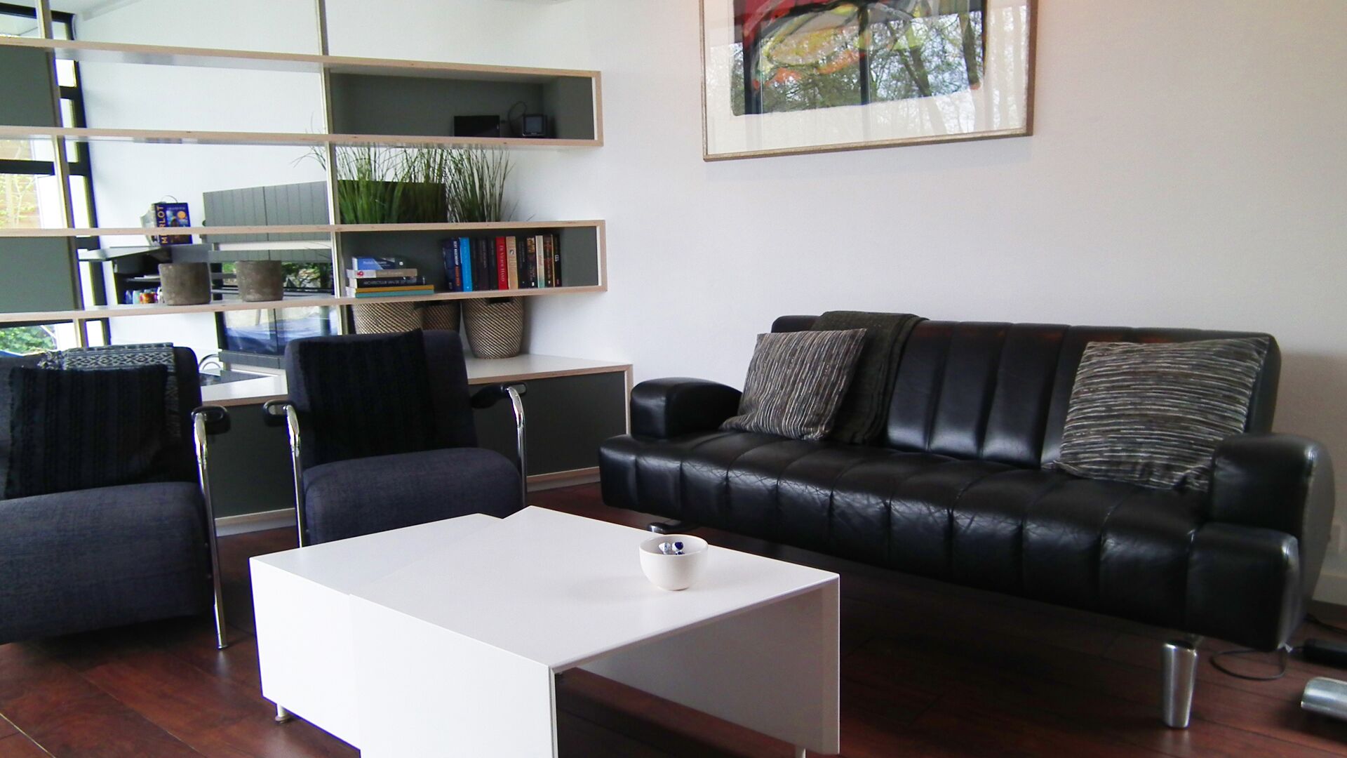 Een smart-tv, een open haard, boeken en een muziekbibliotheek