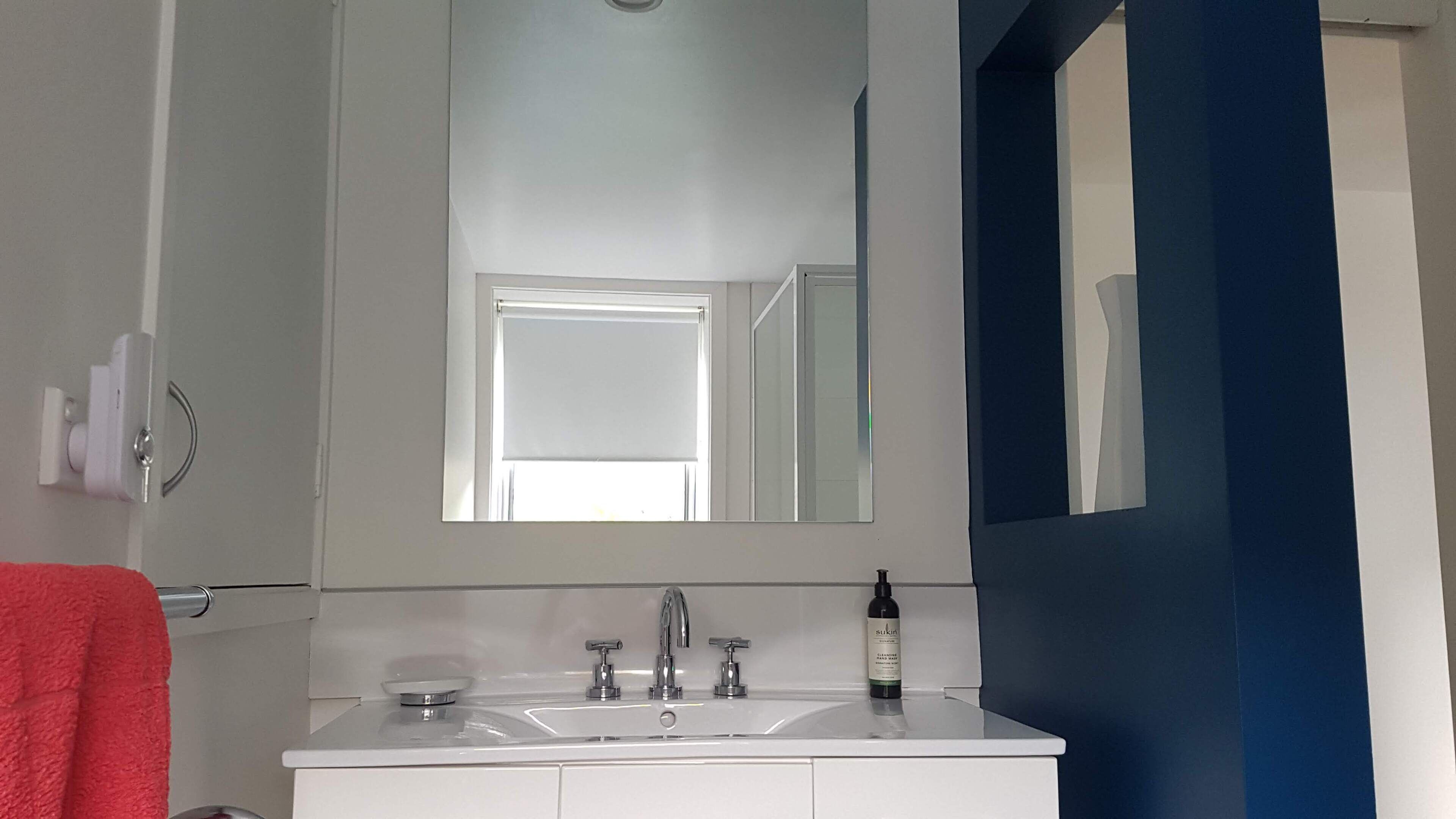 A bathroom with a white sink, a mirror above it, and a bottle of hand soap on the sink.