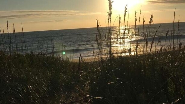 En sti langs stranden der fører hen mod havet, med solnedgang i baggrunden.