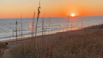On the beach, sun-loungers, beach towels