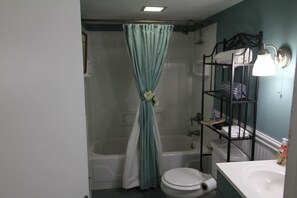 Combined shower/tub, hair dryer, towels, soap