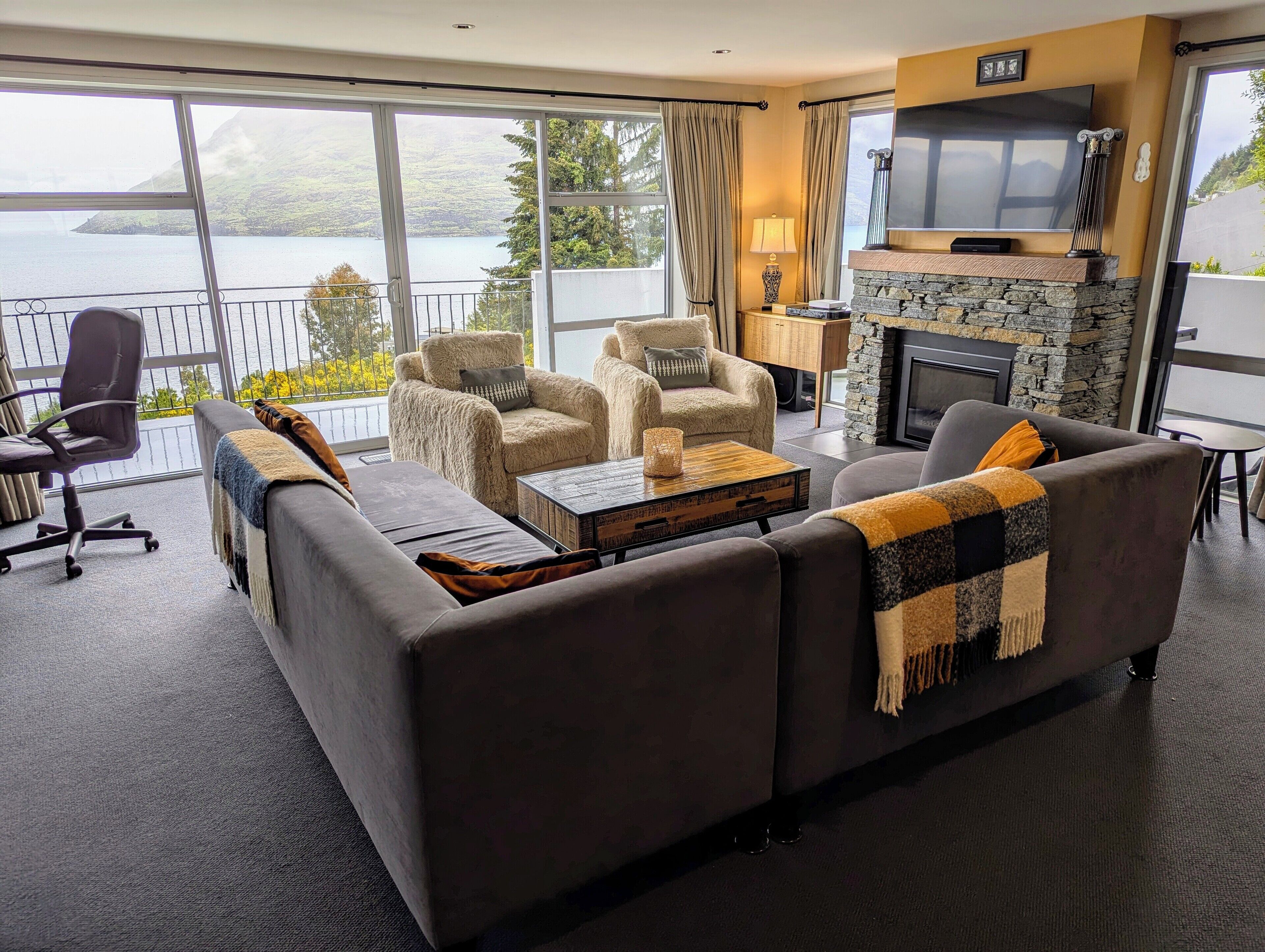 TV, fireplace, DVD player, stereo