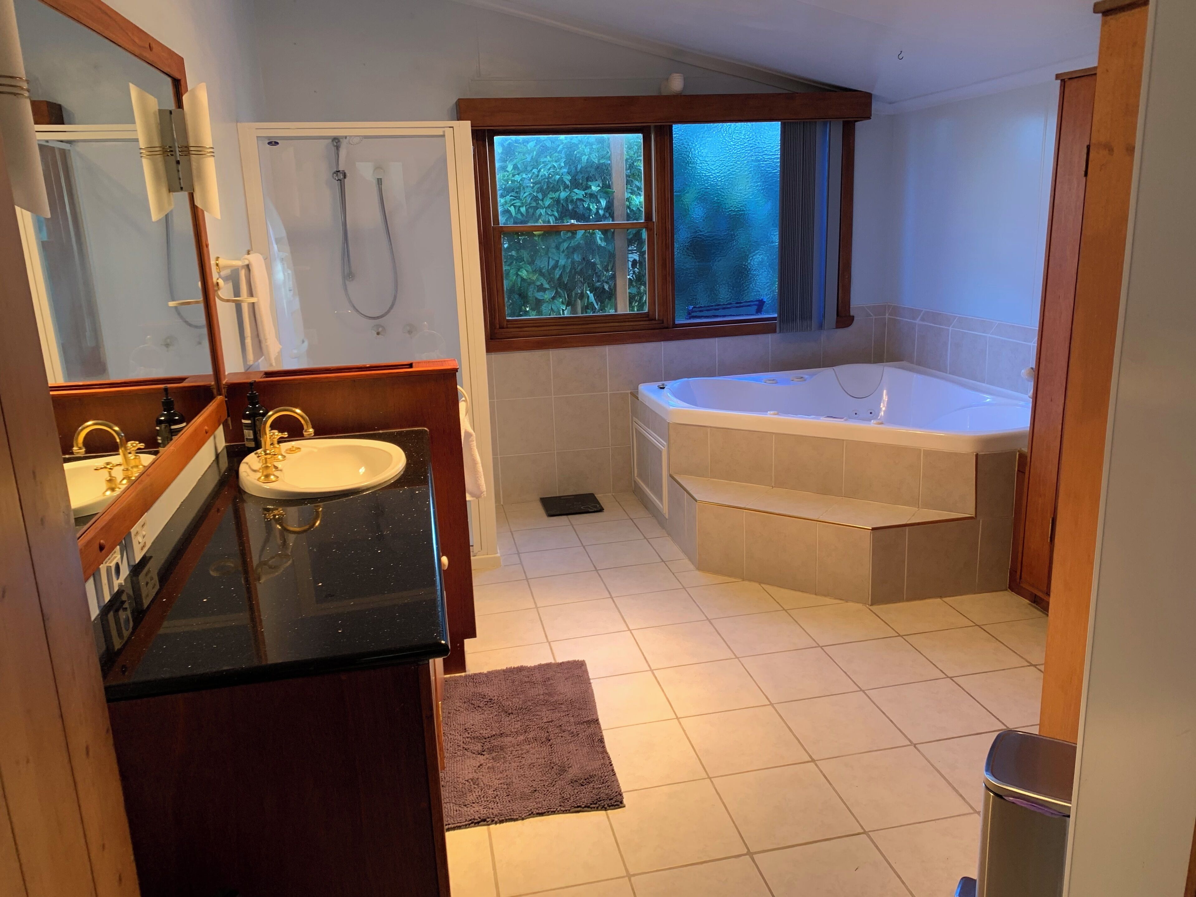 Jetted bath, hair dryer, towels, soap