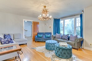 TV, fireplace, table football, books - Slope Views: Luxe Windham Retreat w/ Hot Tub! (Windham)