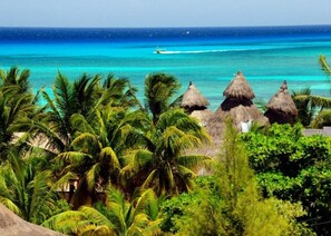 On the beach, sun loungers, beach towels
