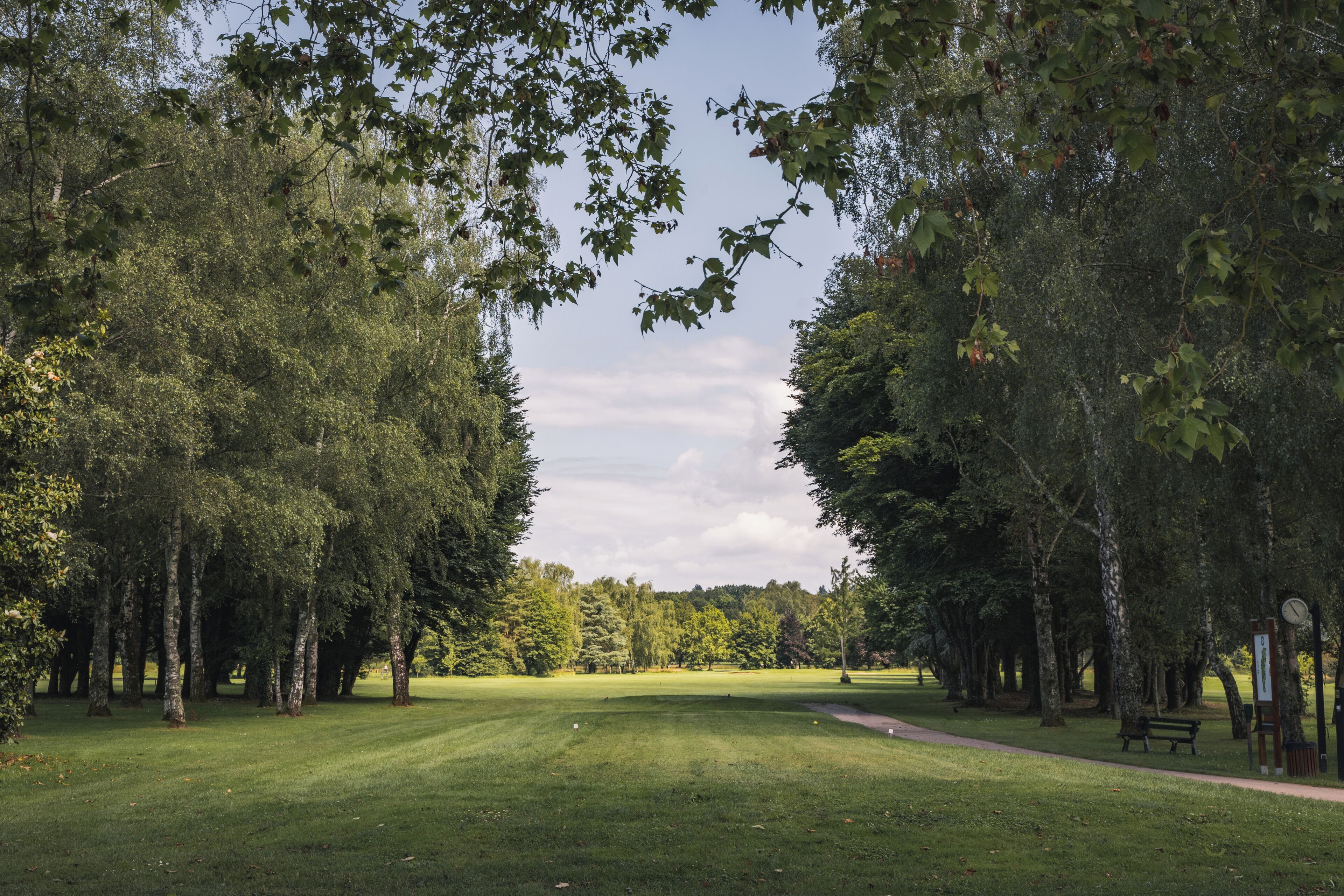 A park with a well-maintained lawn, trees, a path, and a bench.