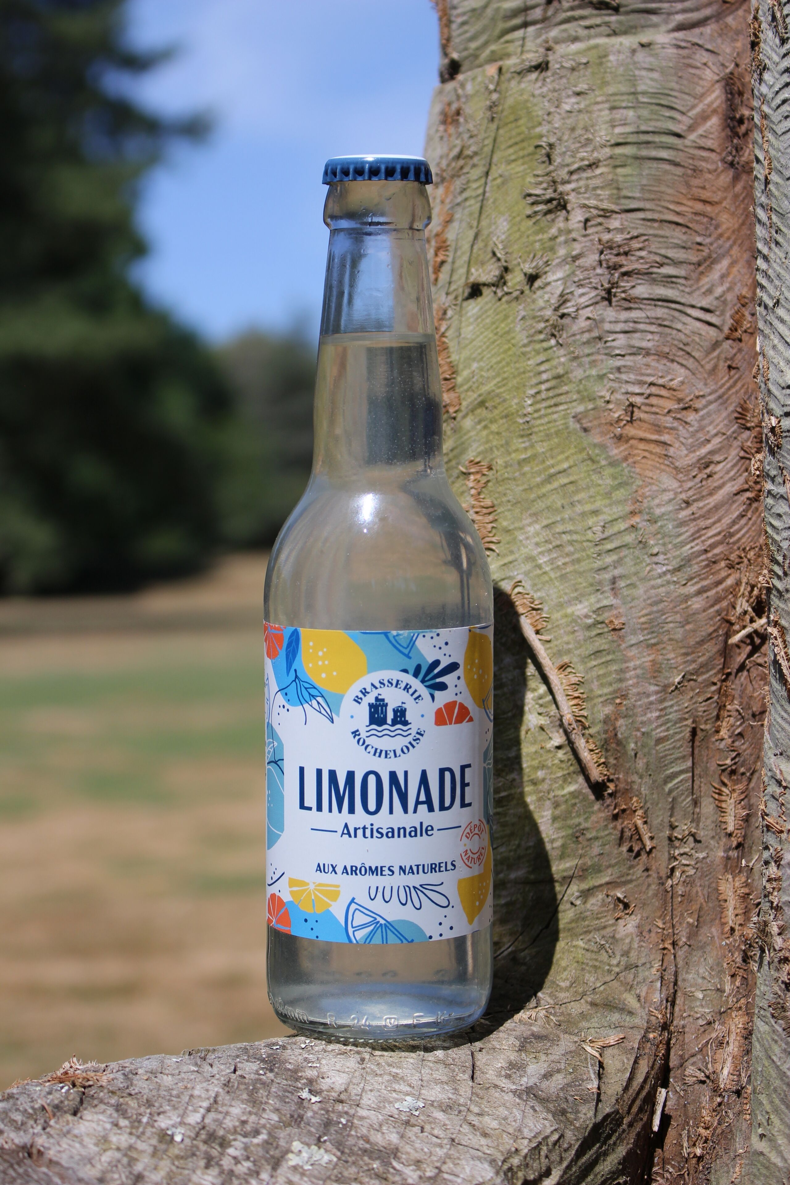 A clear glass bottle of lemonade with a colorful label, placed on a wooden surface.