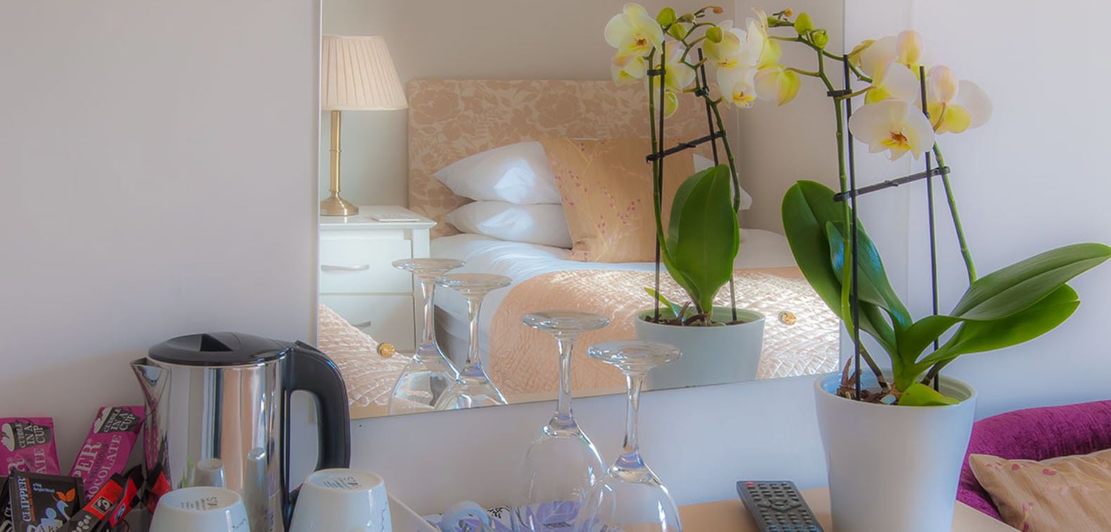 A hotel room with a bed, a nightstand with a lamp, a coffee maker, a potted plant, and a mirror reflecting the room.