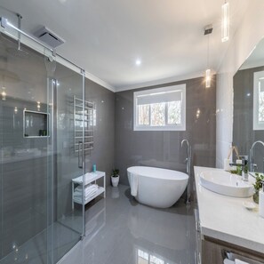 Shower, free toiletries, hair dryer, towels