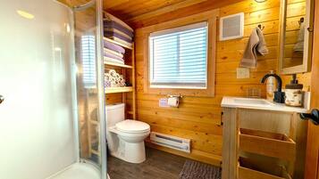 Shower, hair dryer, towels