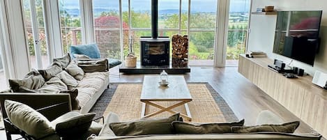 Smart TV, fireplace, DVD player, foosball