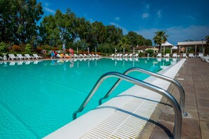 Seasonal outdoor pool, pool umbrellas, pool loungers
