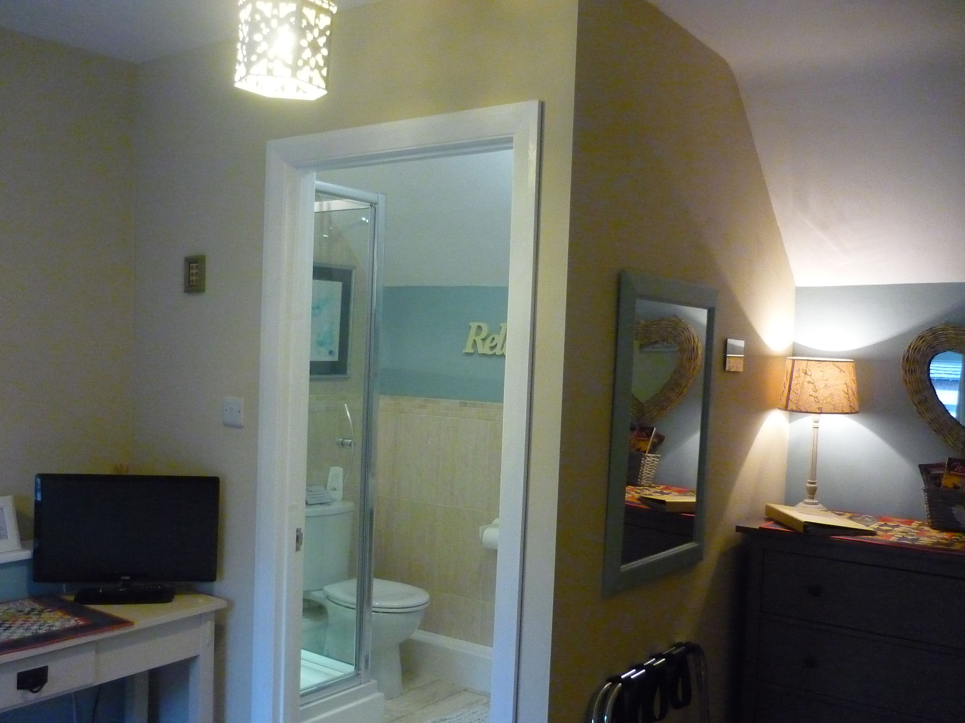 A bathroom with a shower, toilet, and a vanity with a mirror and lamp.