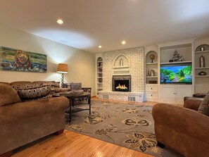 Televisie, een open haard en een dvd-speler