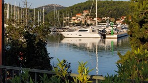 A marina with multiple boats docked, surrounded by greenery and residential buildings in the background.