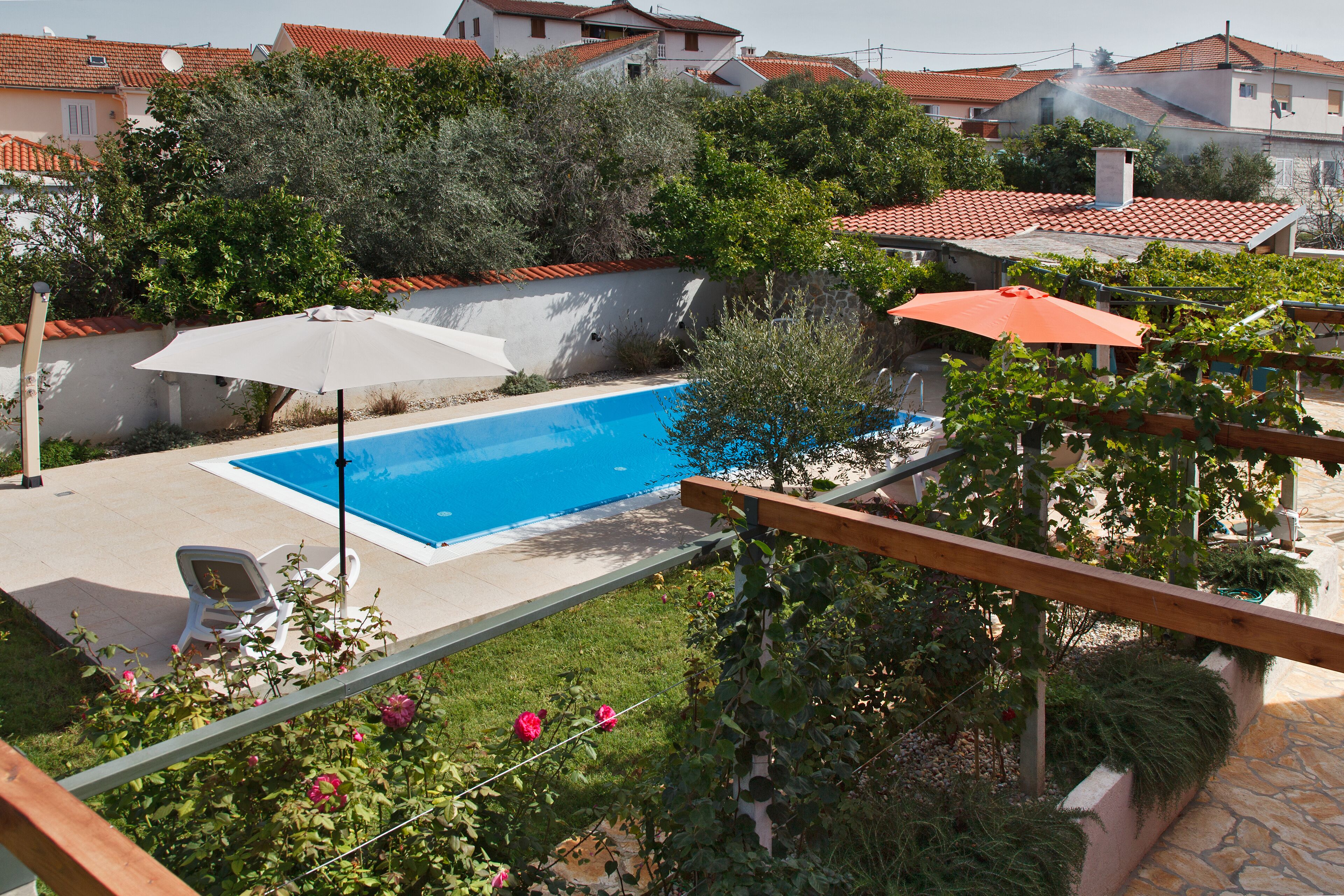A swimming pool surrounded by greenery and a white chair.