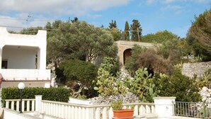 Un bâtiment blanc doté d’un balcon, entouré de cactus et d’arbustes, avec une structure en pierre en arrière-plan.