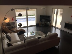 Télévision, cheminée, lecteur de DVD, livres