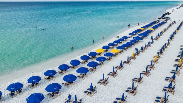 Ein Strand mit Reihen aus blauen und gelben Sonnenschirmen und Liegestühlen.