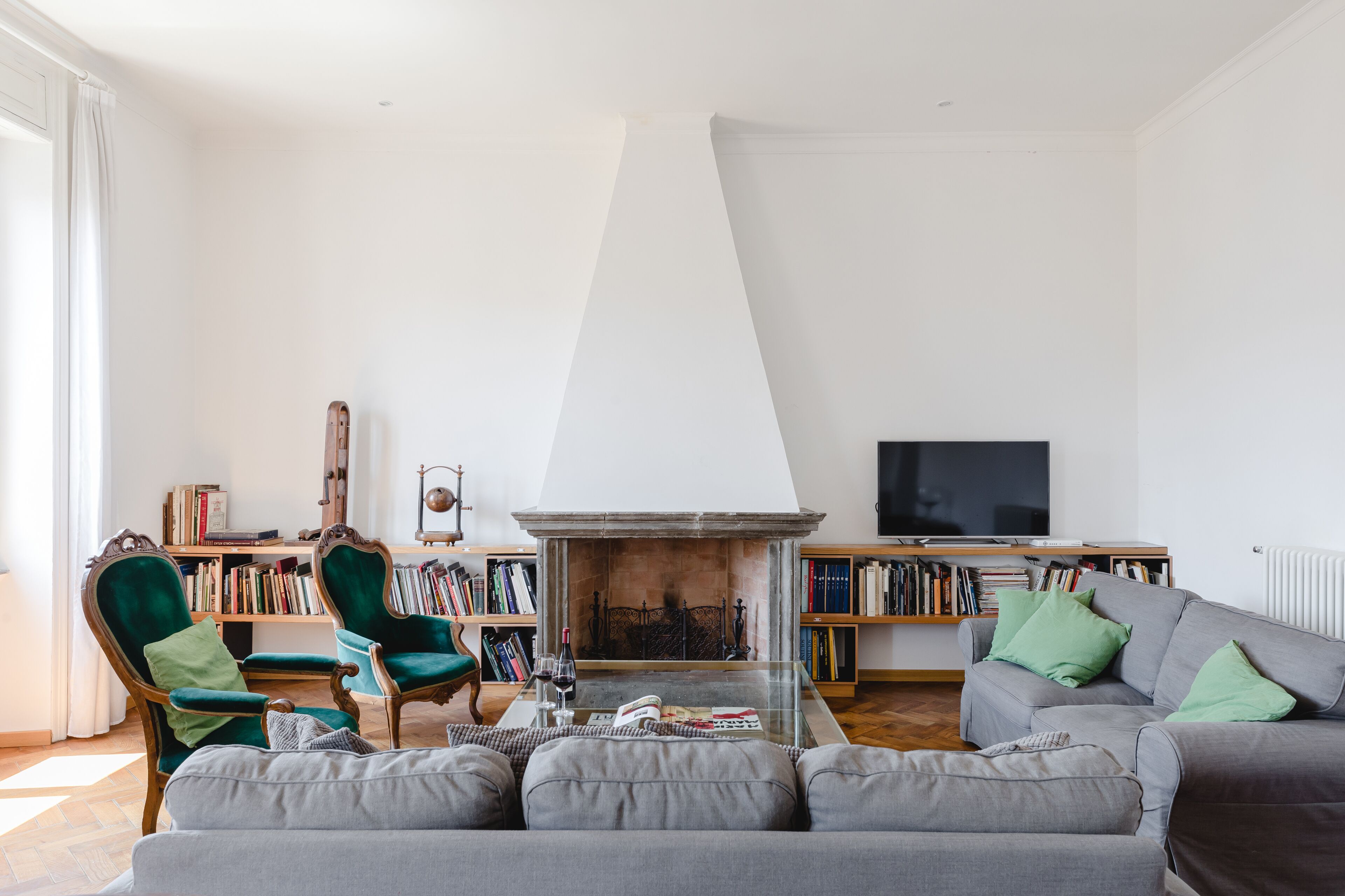 TV, fireplace, books