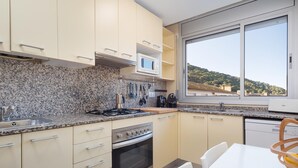 Een moderne keuken met granieten aanrechtbladen, roestvrijstalen apparatuur en een groot raam met uitzicht op een heuvel.