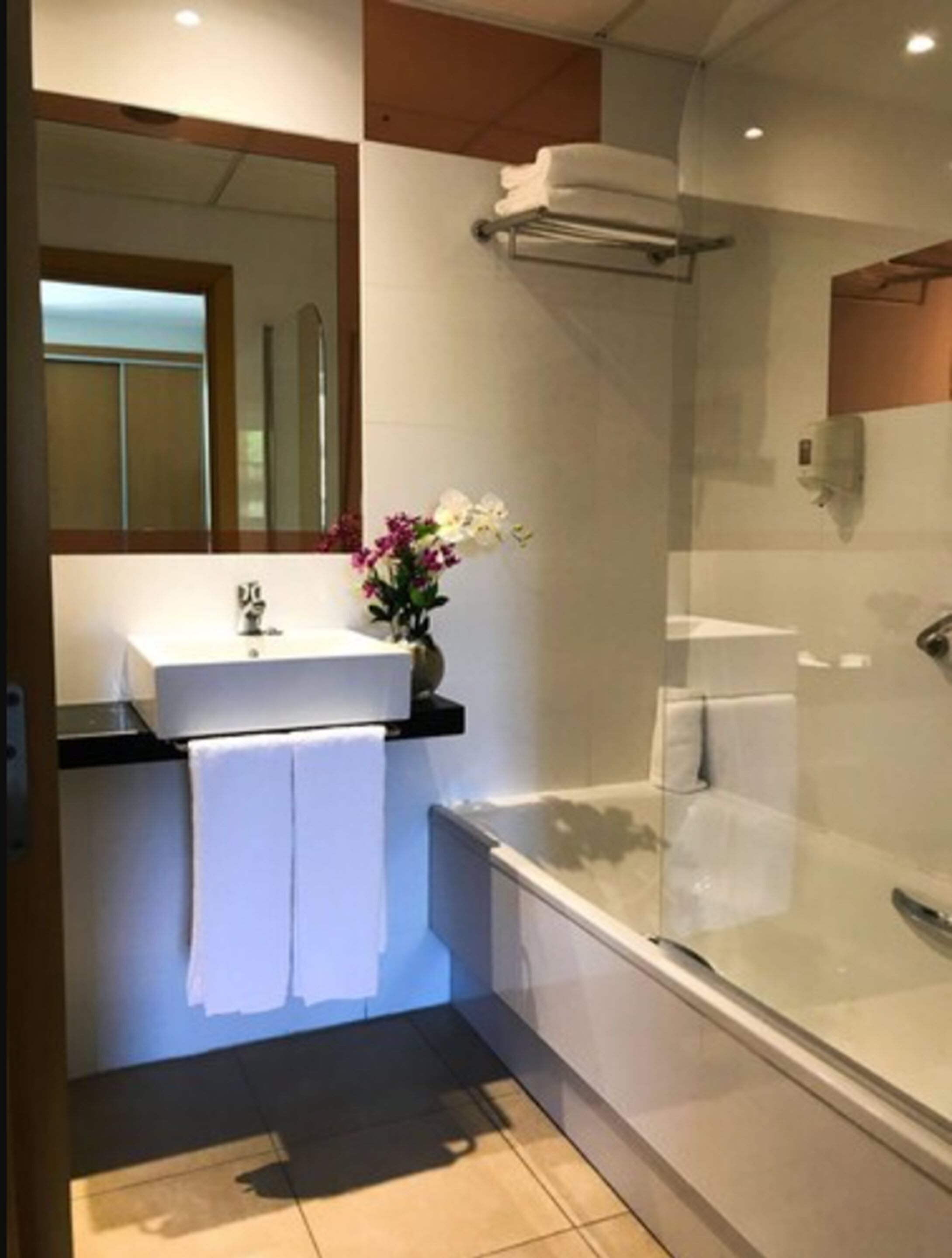 combined shower/bathtub, free toiletries, hair dryer, towels