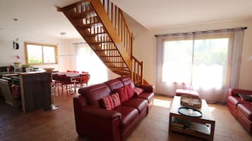 Televisio, DVD-soitin, kirjoja, stereot