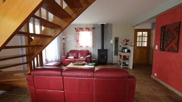 Televisio, DVD-soitin, kirjoja, stereot