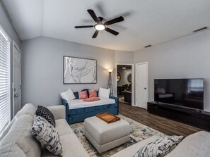 Smart TV, fireplace, computer monitors
