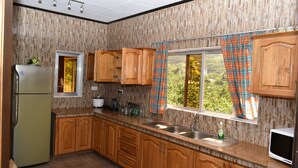 A kitchen with wooden cabinets, a stainless steel sink, a refrigerator, and a window with curtains. - Zeph Selfcatering (Mahé Island)