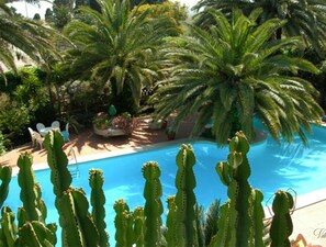 A pool surrounded by cacti and palm trees, with a view of a garden area and a poolside chair. - Villa Barbara A show every dawn (giardini naxos)