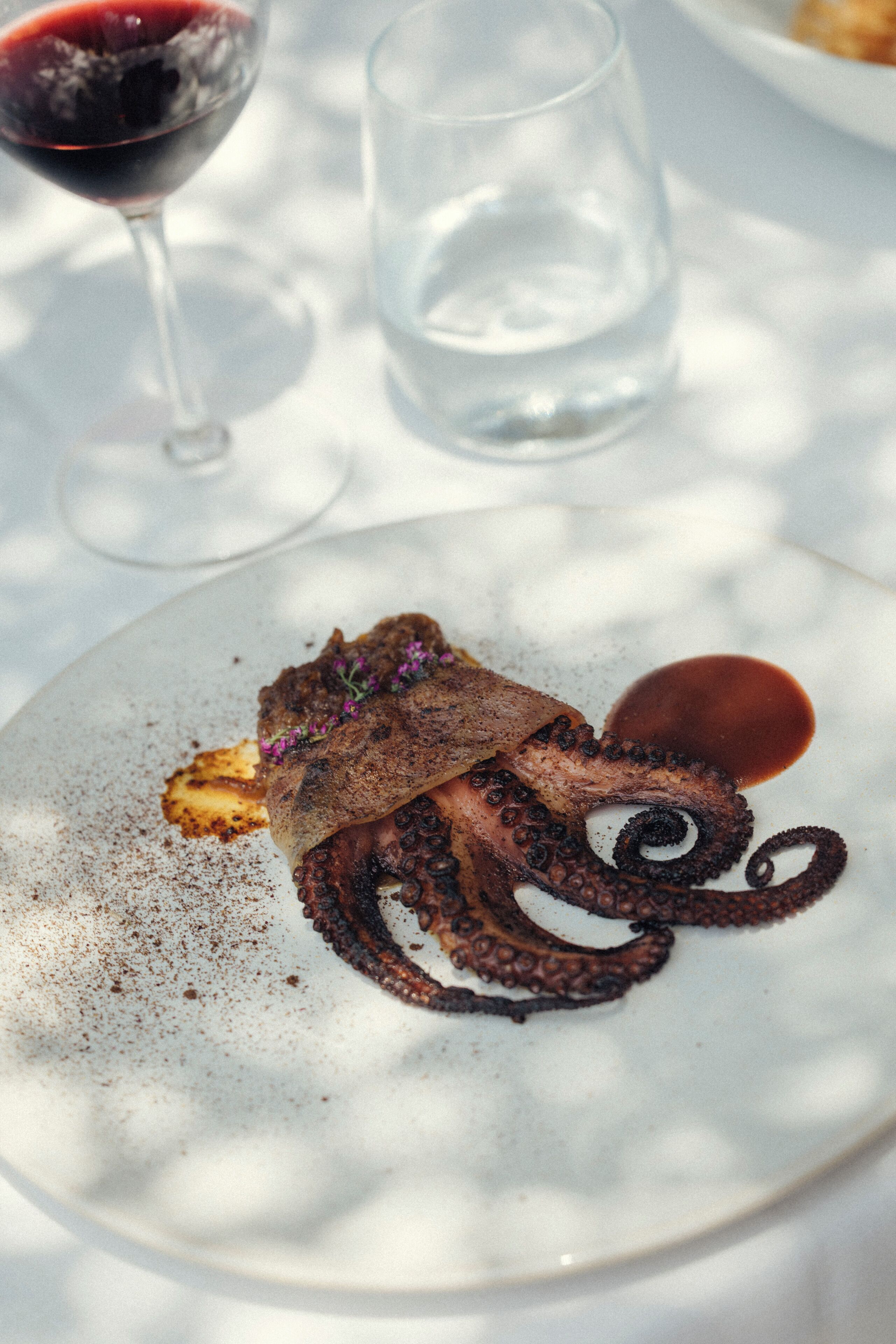 Une assiette de poulpe et un verre de vin rouge.