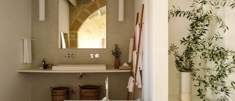 Une salle de bain avec un grand miroir, un lavabo et une plante en pot.