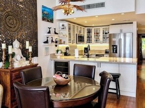Coffee/tea maker, fridge, microwave, oven