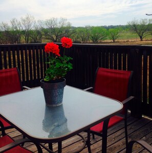Une terrasse avec une table et des chaises rouges, un pot de fleurs avec des fleurs rouges, et une vue sur les arbres et le ciel.