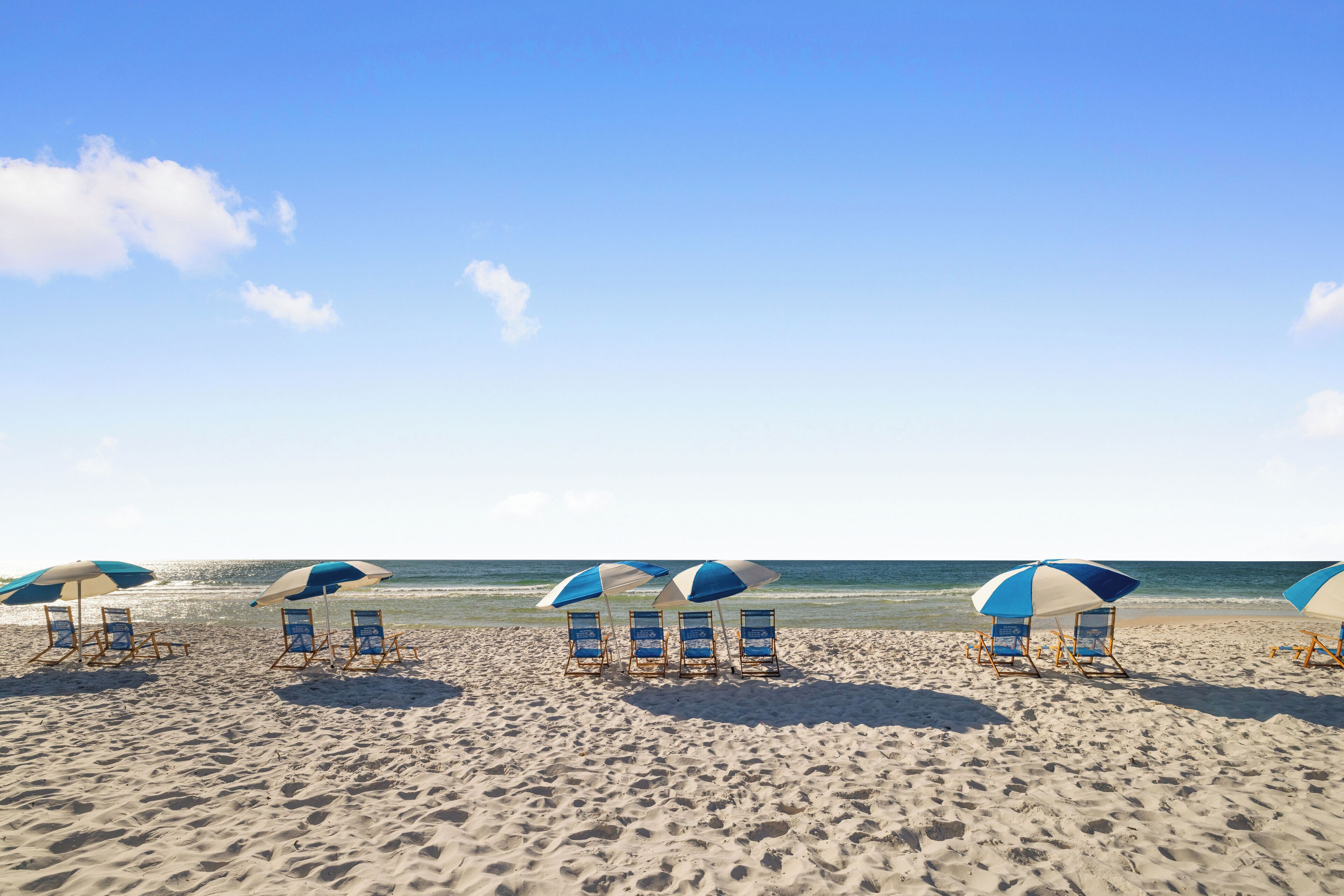 A beach with rows of blue and white beach chairs and umbrellas.