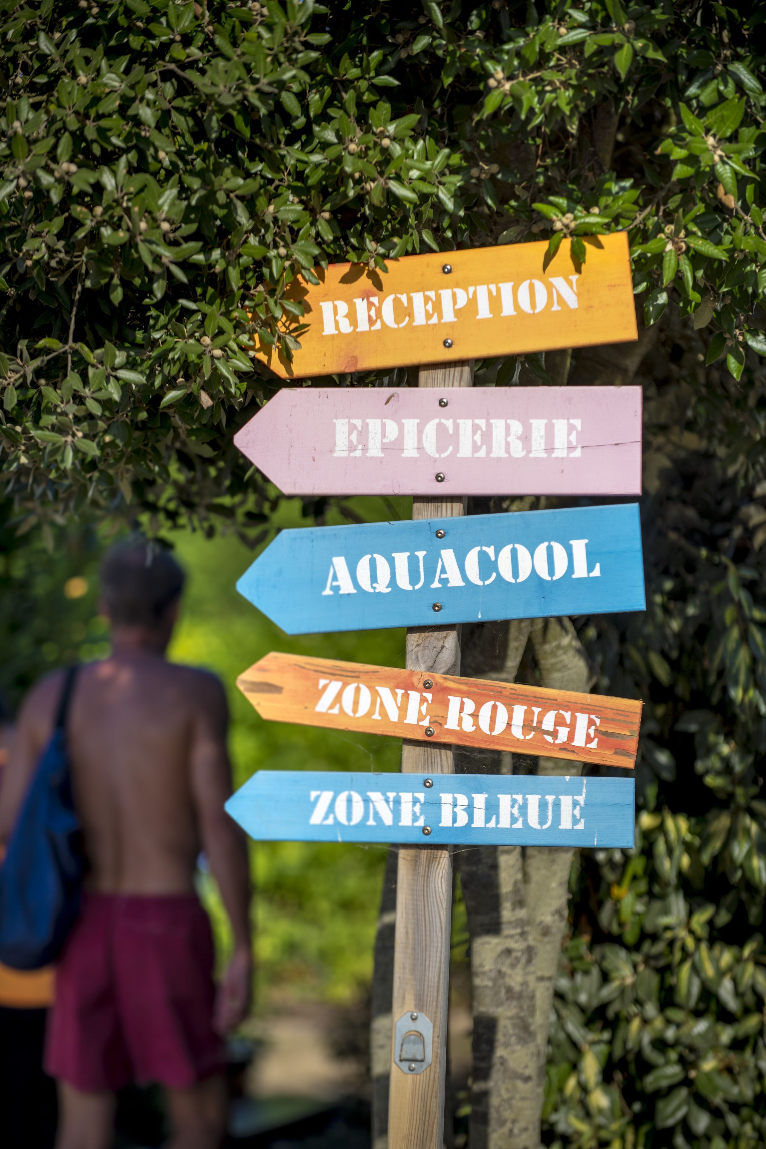 Un panneau indicateur en bois, orné de flèches indiquant les différentes zones : accueil, épicerie, Aquacool, zone rouge et zone bleue.
