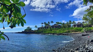 A coastal resort with a rocky shoreline, palm trees, and ocean views. - OCEANFRONT 3+2.5 AC Pickleball Onsite! Walk to Keauhou Bay & Kahaluu Beach Park (Kailua-Kona)