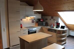 Fridge, microwave, oven, stovetop - Holiday apartment Drosi on the mountain  (Memmelsdorf)