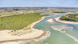 Luchtbeeld van een kustgebied met een zandstrand, helder water en omliggende begroeiing.