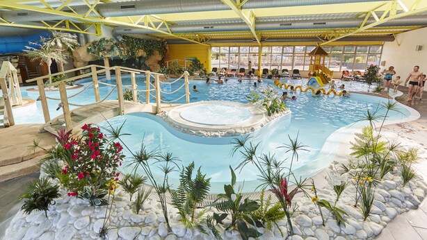 Een binnenzwembad met een jacuzzi, omringd door planten en een houten terras.